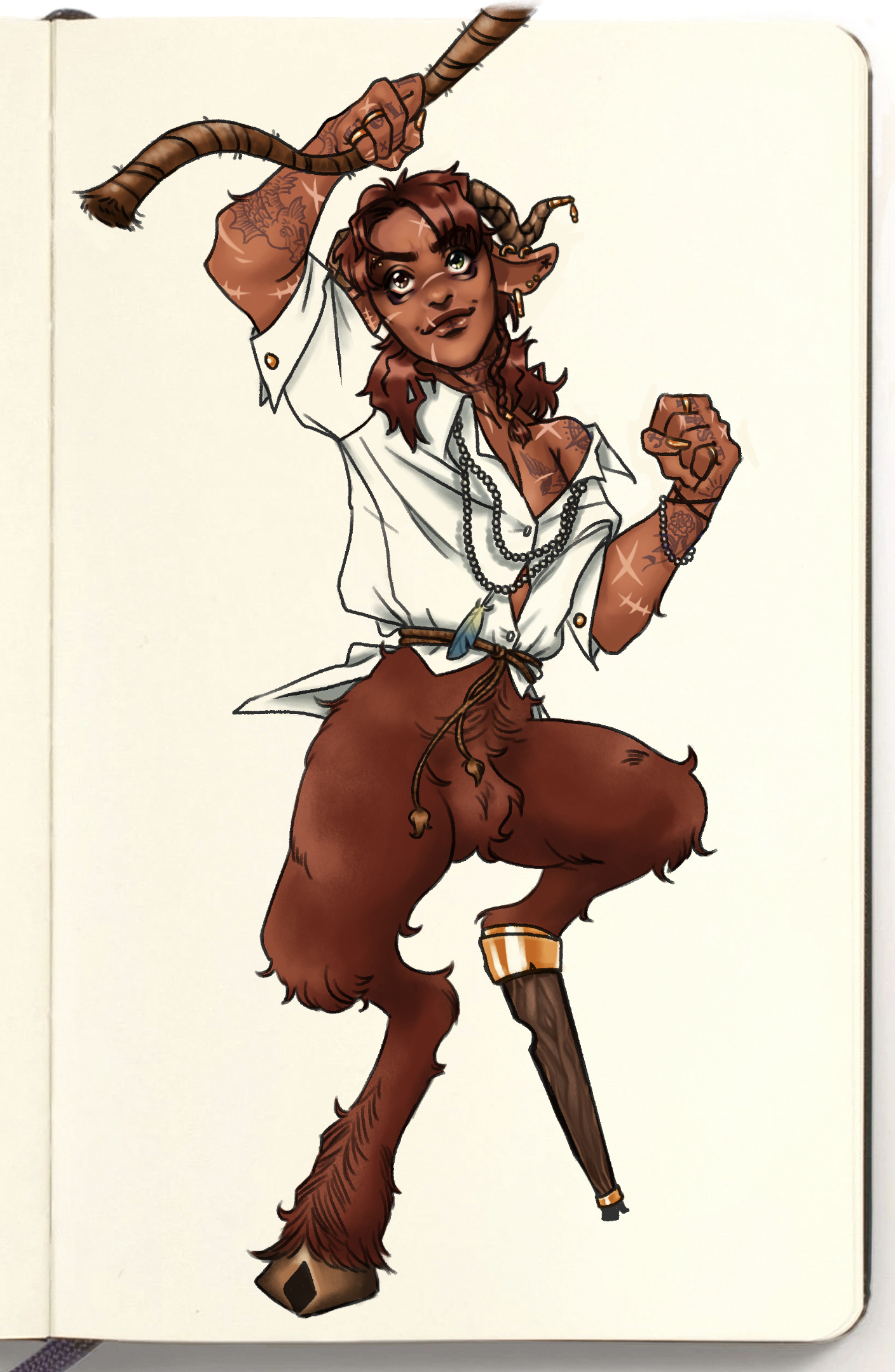 Art of Kim Hongjoong from ATEEZ as a pirate satyr, swinging on a rope.