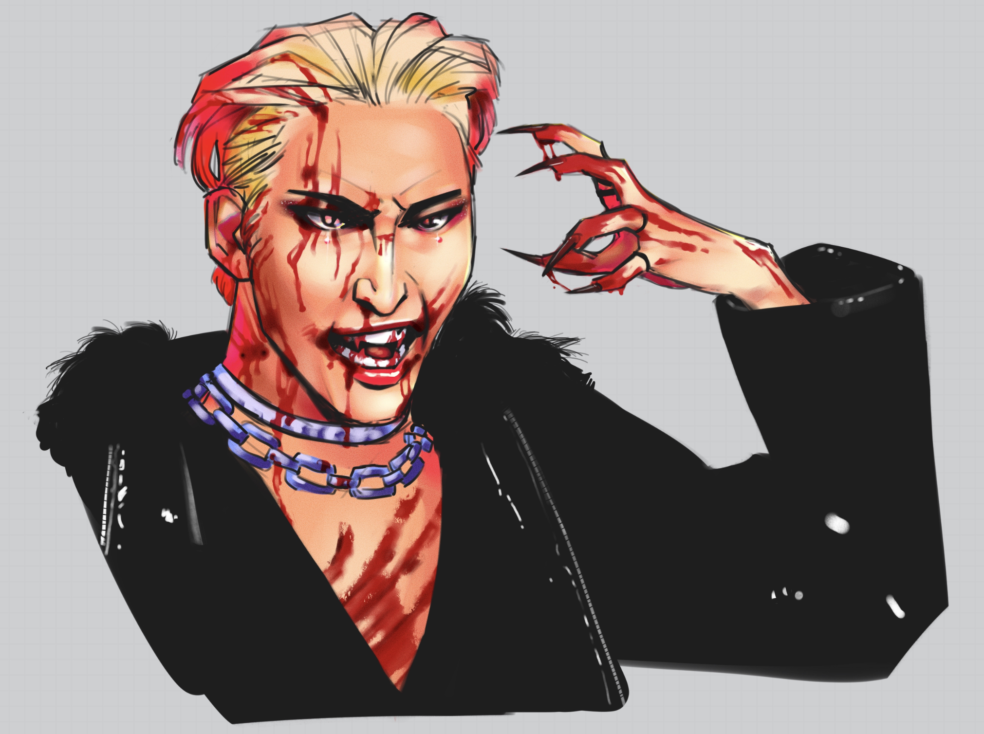 Art of Park Seonghwa from ATEEZ as a vampire, covered in blood.