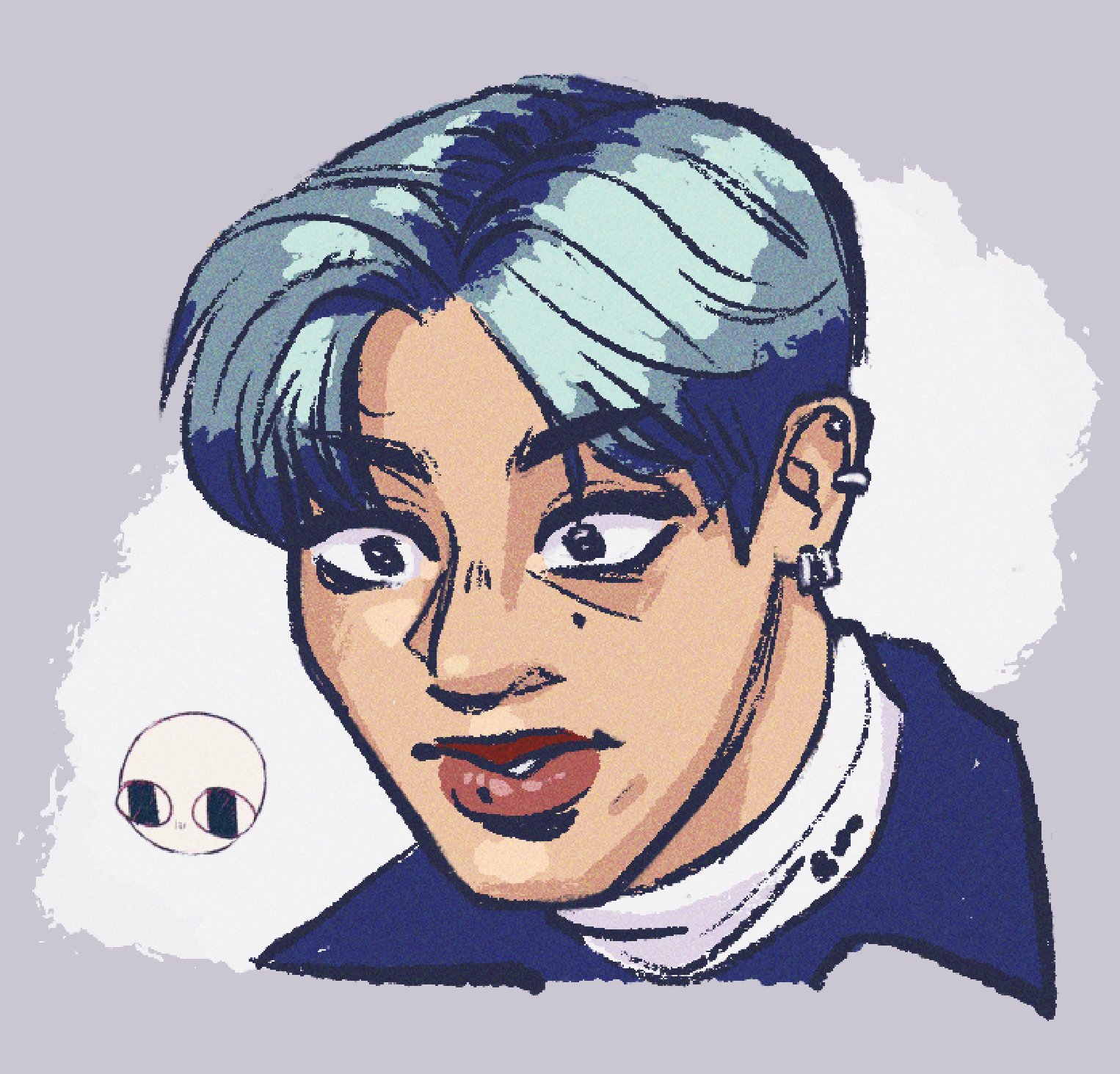 Art of Jung Wooyoung from ATEEZ. A bust drawing of him staring wide-eyed, shocked and/or disturbed.